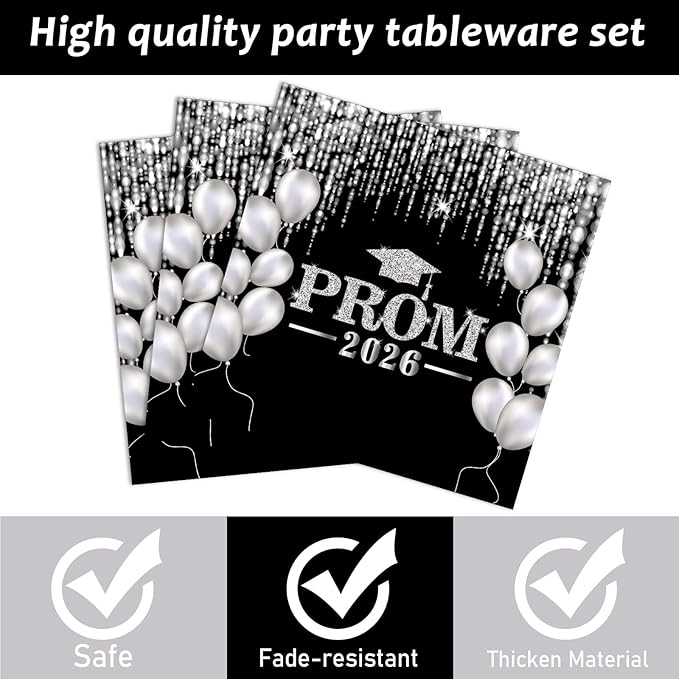 96PCS Prom Night 2026 Party Tableware Set Black Silver Graduation Party Supplies Congrats Class of 2026 Party Disposable Dinnerware Plates Napkins Forks for Graduation Celebration Favors