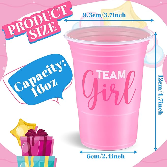 Norme 48 Pcs Gender Reveal Plastic Cups Gender Reveal Party Supplies Team Boy Team Girl Disposable Blue Pink Cups for Beverage Drink Tableware (16 oz)