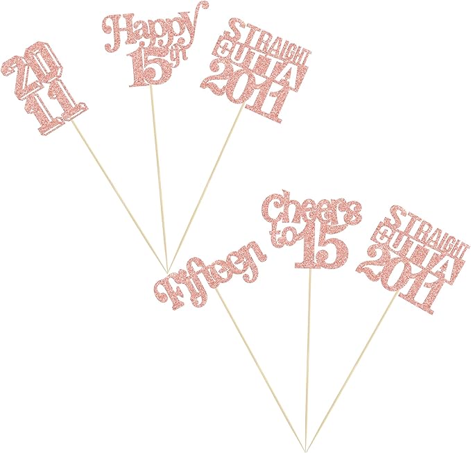 Gyufise 15Pcs Happy 15th Birthday Centerpiece Sticks Fifteen Straight Outta 2011 Table Flower Centerpieces Sticks for Cheers to 15th Birthday Party Supplies Rose Gold