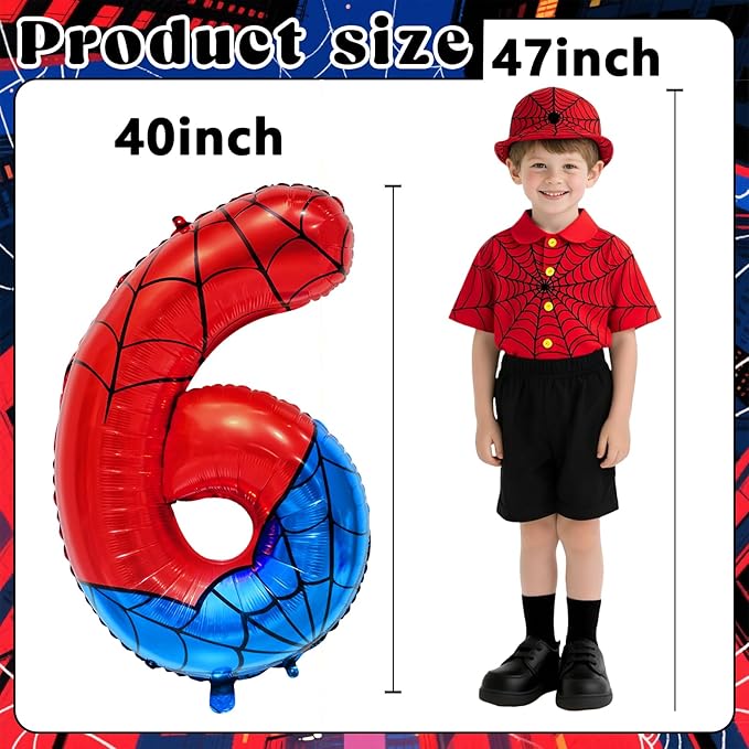 Spider Web Number 6 Balloon Birthday Decoration, Superhero Themed 40in Giant Mylar Number Party Supplies