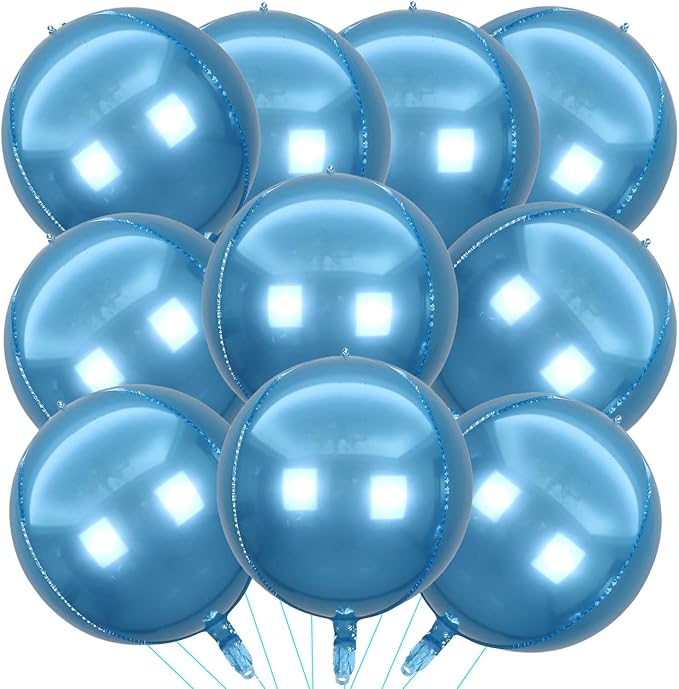 KALOR 10 Pcs 22 Inch Light Blue Mylar Balloons, Large 4D Giant Round Foil Balloon Big Mirror Metallic Balloons for Birthday Party Baby Shower Gender Reveal Supplies