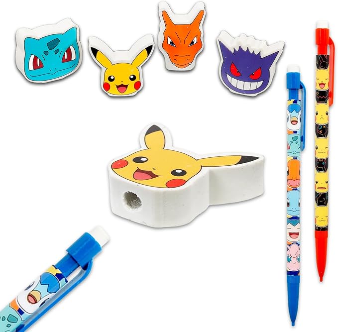 Pokemon Mechanical Pencils and Erasers Party Favors Bulk - 20 Pencils, 8 Erasers, Stickers Plus More | Pokemon Party Supplies for Kids, Boys, Girls