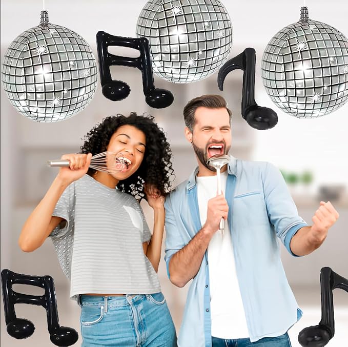 FBQ 18 Inch Silver Disco Balloon Black Music Note Balloons Music Themed 70s 80s 90s Band Party Decorations Supplies