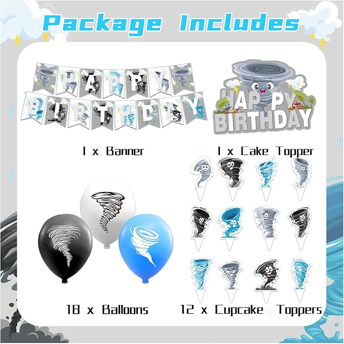 Tornado Party Decorations Tornado Birthday Decorations Set, Tornado Party Supplies Includes Birthday Banner, Cake Topper, Cupcake Toppers, Latex Balloons