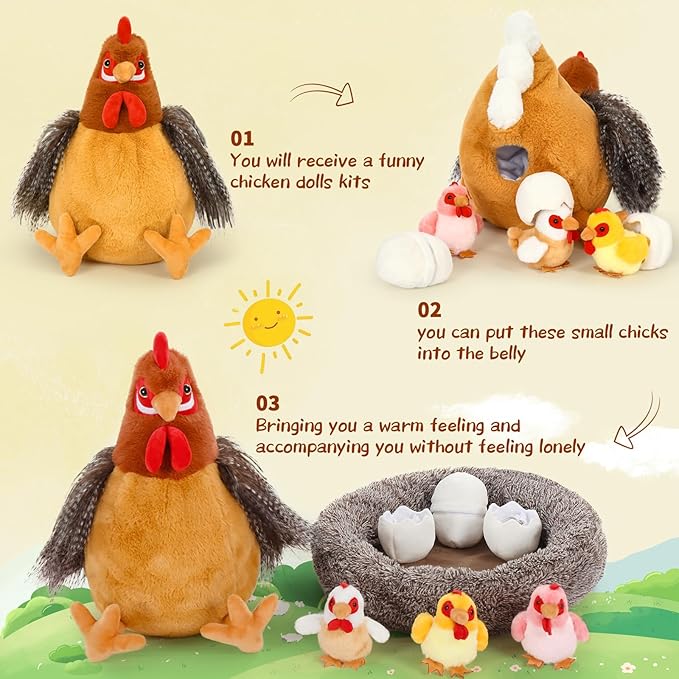 8Pcs Easter Chicken Stuffed Animal, Stuffed Hen with Little Baby Chicks and Coop, Rooster Plush Gifts Toys for Kids, Hit of Christmas Farm Party