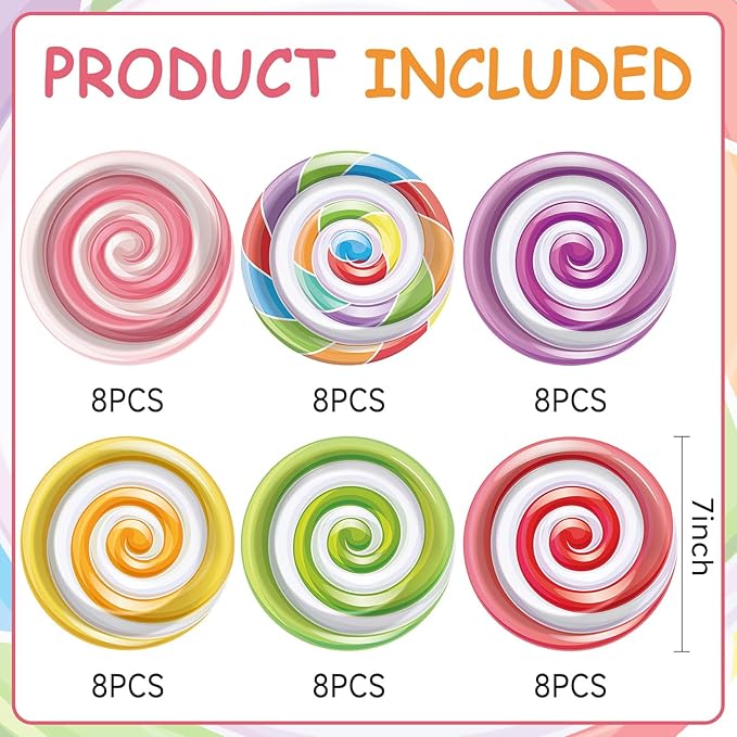48Pcs Candy Themed Paper Plates for Candyland Party Decorations 7" Colorful Lollipop Candy Disposable Paper Dinner Plates for Sweet Shop Candyland Christmas Birthday Baby Shower Party Supplies