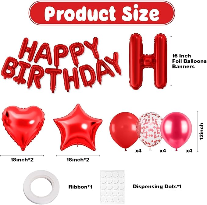 29PC Red Happy Birthday Balloon Banner, 16 Inch 3D Aluminum Letter Banner Sign, Metallic Hot Pink Red Confetti Balloons 18 Inch Star Heart Foil Balloons for Women, Men Party Supplies