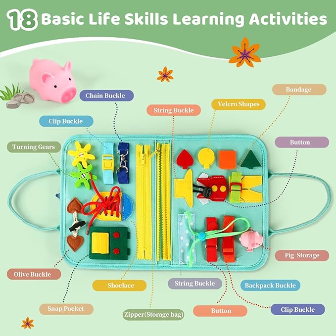Toddler Busy Board for 1 Year Old, Montessori Toy Sensory Busy Book for Toddler 1-3 Fishing Game Life Skill, Learning Toy Car plane Activities Travel Essential 2-4 Birthday Easter Basket Stuffers Gift