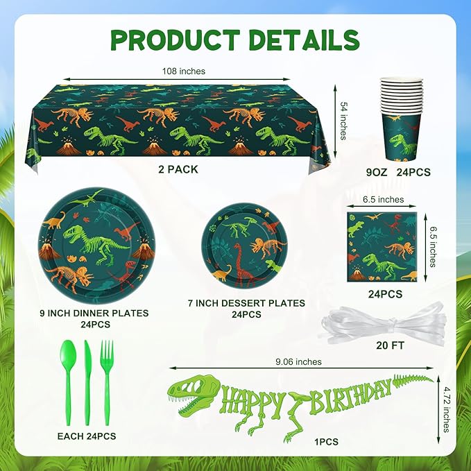 Uiifan 171 Pcs Dinosaur Birthday Decorations Party Supplies with Dinosaur Birthday Plates Paper Cups Table Cloths Napkins Tableware Pack Dino Banner for Dino Theme Party Plates Supplies Decorations