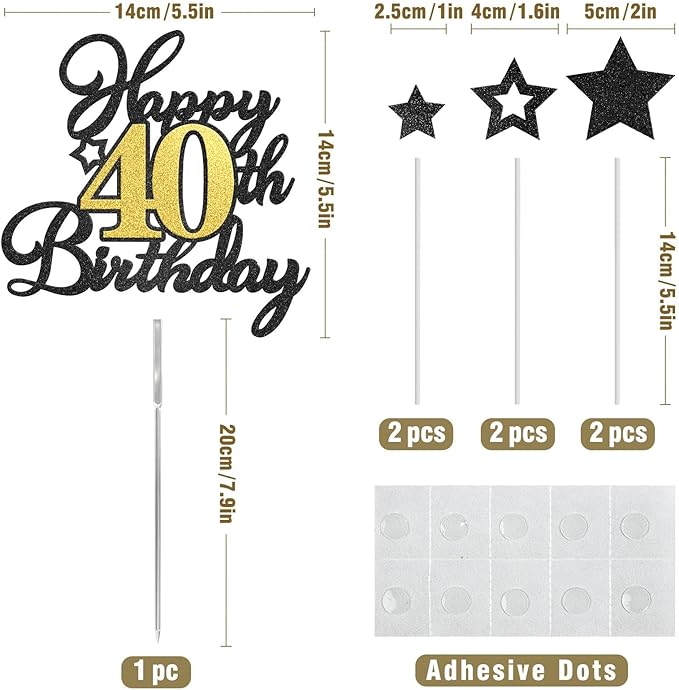 Happy 40th Birthday Cake Toppers, Black Gold Glitter Cake Decorations Set, 40th Birthday Decor for Men Women, Birthday Anniversary Party Decorations Supplies