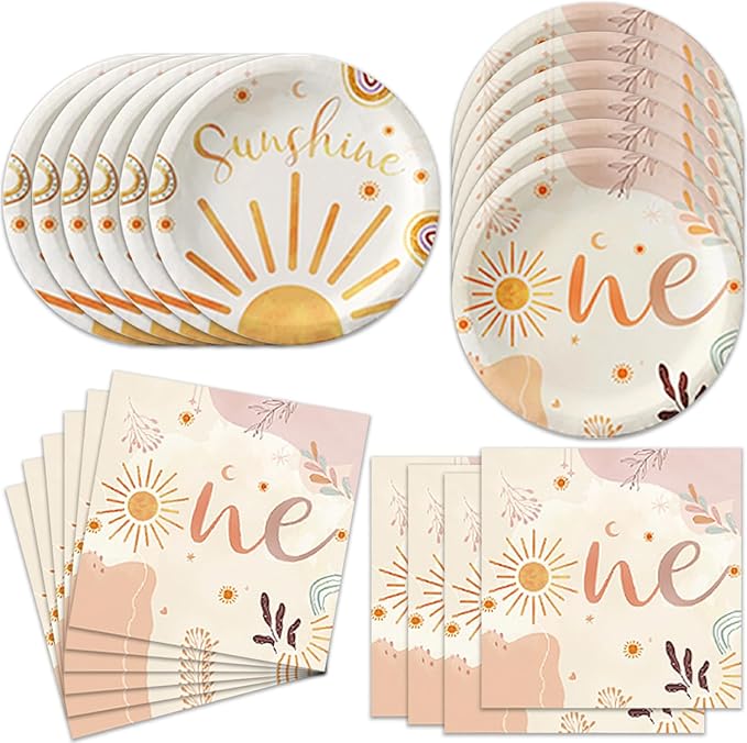 40Pcs First Trip Around The Sun Decorations First Birthday Plates and Napkin Set Girl Disposable Baby Shower Tableware Set Boho Sun 1st Birthday Party Decorations