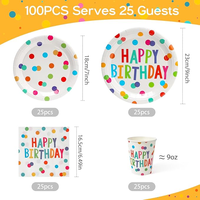 100Pcs Happy Birthday Plates and Napkins Colorful Polka Dots Paper Plates and Cups for Baby Shower Kids Birthday Party Decorations Supplies, Serves 25