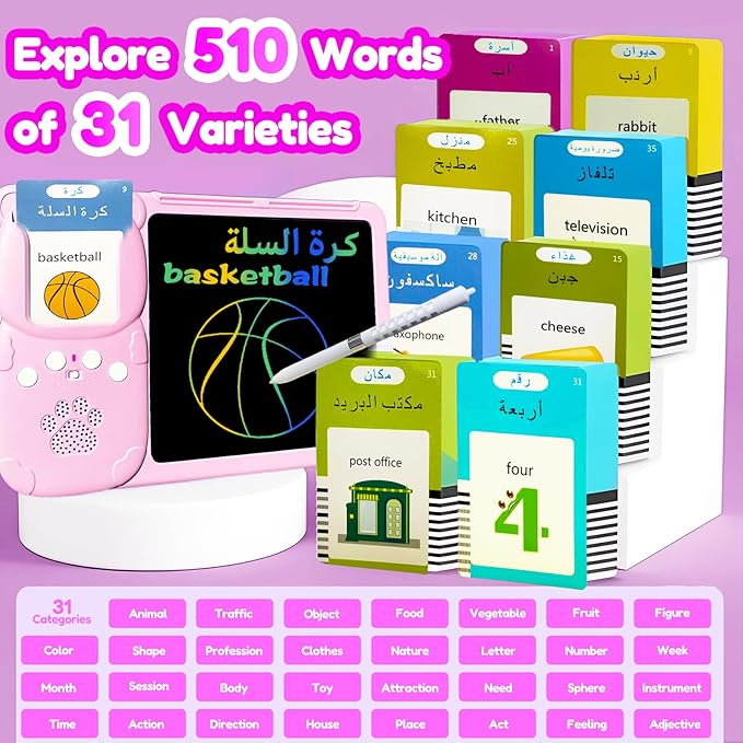 Drawing Tablet with Bilingual Flashcards for Kids - Arabic English Talking Flash Cards, LCD Writing Pad Board, Pocket Speech for Toddlers, Learning Toy Gift for Boys Girls (Arabic, Pink)