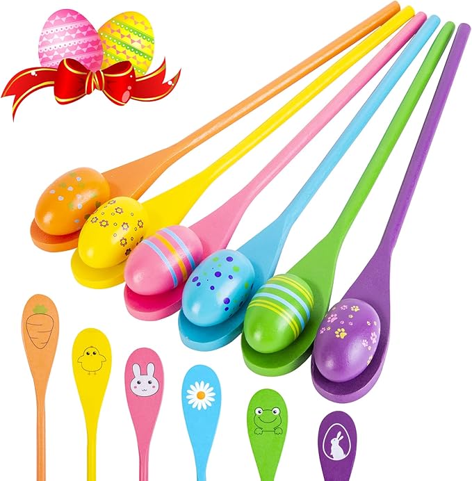 6 Players Easter Egg and Spoon Race Game Set, Easter Party Favor for Kids and Family Activity Lawn Games Party Supplies Outdoor Fun Games, Classroom Activities Easter Games