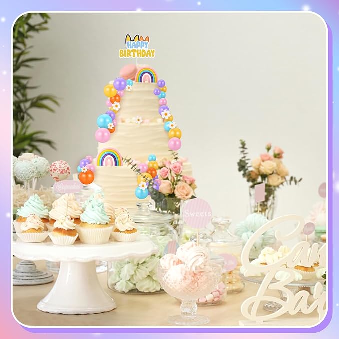63 Pcs Cake Toppers with Balls Daisy Rainbow Cake Topper, Blue Cake Topper Pastel Cupcake Toppers Cake Decorations for Birthday Wedding Groovy Party Supplies