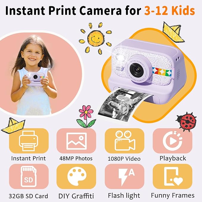 Instant Print Camera for Kids, Christmas Birthday Gifts for Girls Boys Age 3-12, Thermal Printing,1080P Digital Video Portable Travel Toddler Toy Camera Purple