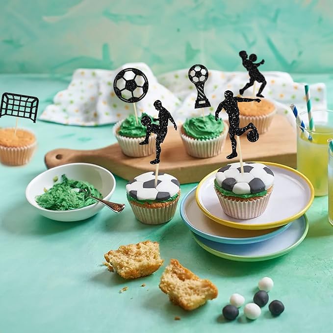 24Pcs Soccer Cupcake Toppers Glitter Soccer Ball Cupcake Picks Sport Cake Decorations Football Theme Birthday Party Baby Shower Kids Boys Men Birthday Party Favors Supplies Black