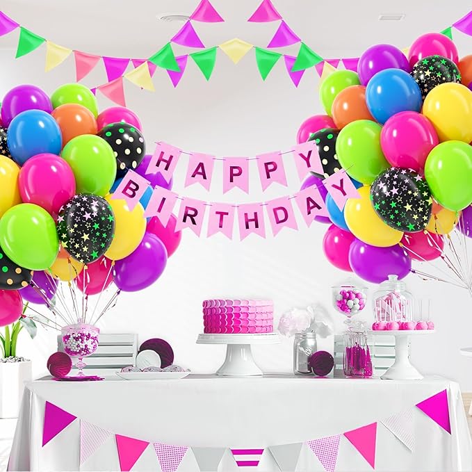 60pcs Neno Balloons 12inch, Yellow Hot Pink Lime Green Orange Blue Purple Rainbow Balloons for 80s 90s Neon Birthday Party Decorations