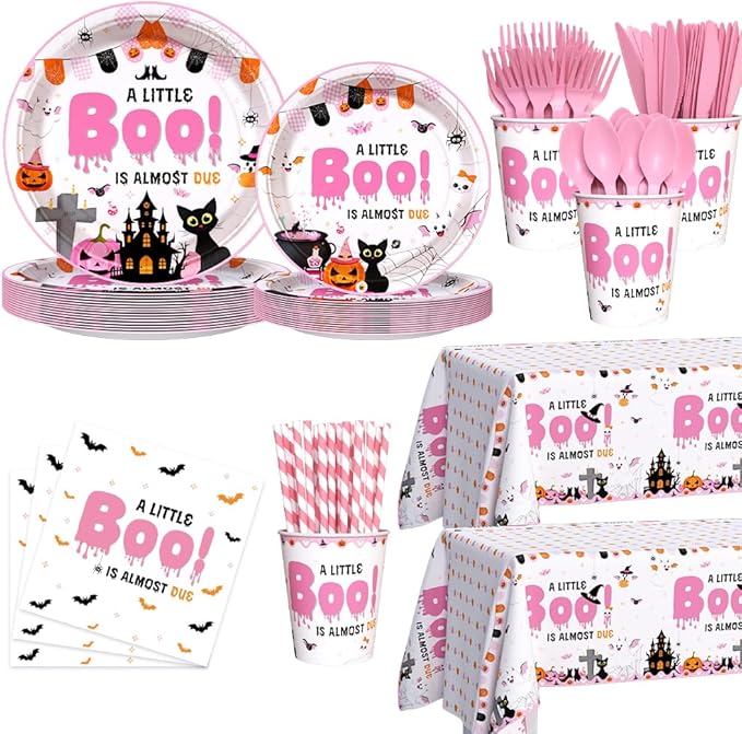 194Pcs Halloween Baby Shower Decorations for Girl A Little Boo is Almost Due Baby Shower Party Plates, Cup, Napkin, Tablecloth, Tableware, Halloween Themed Party Supplies Plates Serve 24 Guests