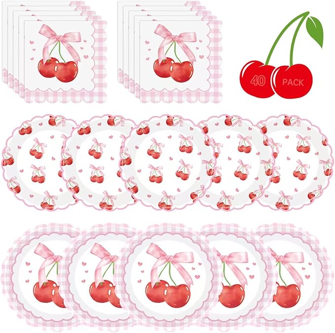 40 Pcs Cherry Birthday Decorations - Pink Bows Plates and Napkins Party Supplies, Disposable Scalloped Bowknot Paper Dinner Plates Napkins Sets for Fruits Cherry Table Party Decor Favors, Serves 20