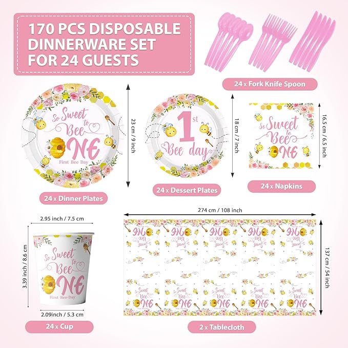 170Pcs Pink Bee 1st Birthday Party Supplies Honey First Theme Plates and Napkins Tableware Sets So Sweet to Bee One Birthday Party Decorations for Girls One Year Old Party,Serves 24