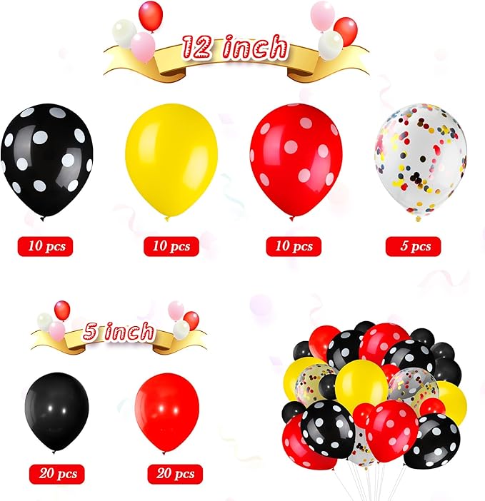 75 Pieces Mouse Color Balloons Confetti Polka Dot Balloons Latex Party Garland for Halloween Baby Shower Wedding Mouse Birthday Party Decorations Supplies(Red-Black-Yellow)