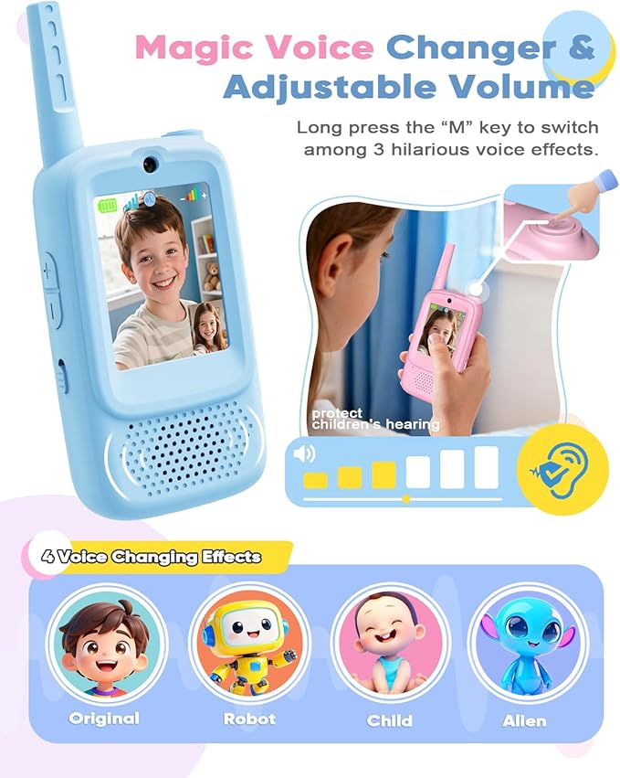 Video Walkie Talkies for Kids, Rechargeable Walkie Talkies Toys 2 Pack with HD Camera & 4 Voice Changer, Birthday Gifts for Age 3-12 Boys Girls, 2 Way Radio Long Range for Family Games Camping Hiking