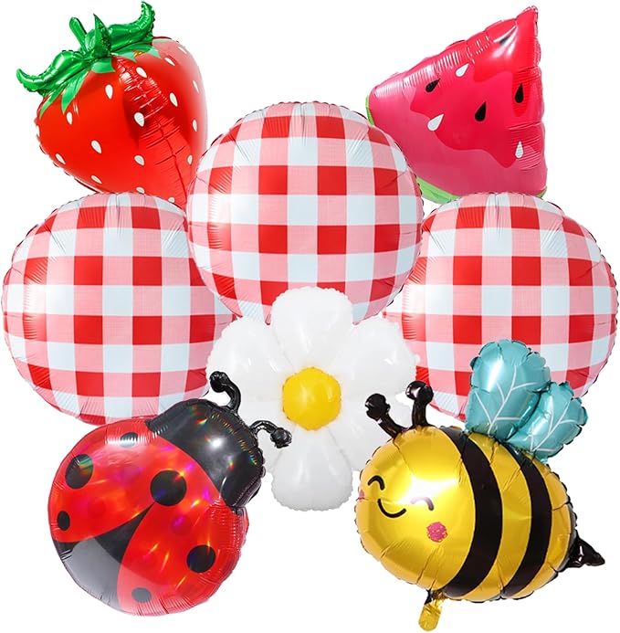 8pcs Picnic Balloons Gingham Balloons Picnic Party Decoration BBQ Themed Party Decorations Gingham Party Birthday Summer Picnic BBQ Party Decor Ladybug Balloon Strawberry Decor
