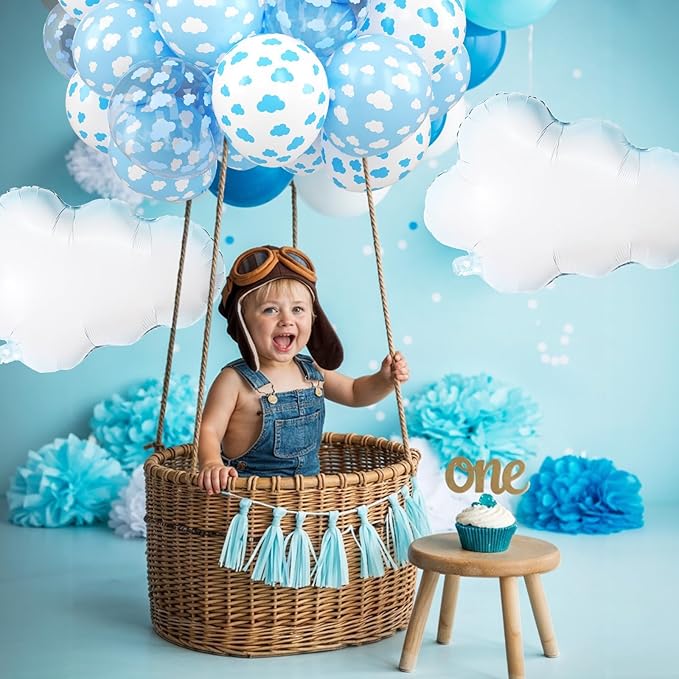 Cloud Balloons, 12 Inch White Blue Transparent Clouds Printed Latex Balloons with Cloud Foil Balloons for Sky Theme Birthday Party Baby Shower Wedding Decorations