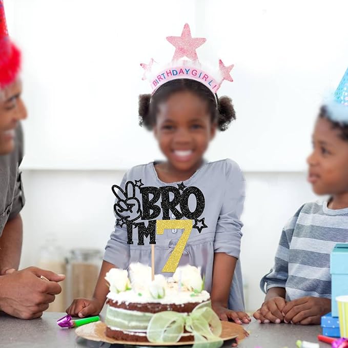 1 PCS Brother I'm 7 Cake Topper Glitter Star Happy 7th Birthday Cake Pick Bro I'm 7 Cake Decoration It's My 7th Birthday Decorations for Boys Cheers to 7 Years Old Birthday Party Supplies Gold
