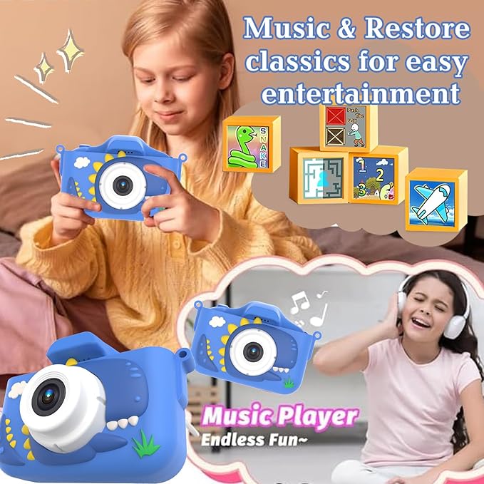 Kids Camera for 3-9 Year Old Boys Girls, Children Digital Camera with Cute Cartoon Soft Cover & 32GB SD Card, Best Christmas Birthday Gifts for Grandkids, Halloween Party Favors for Kids - Blue
