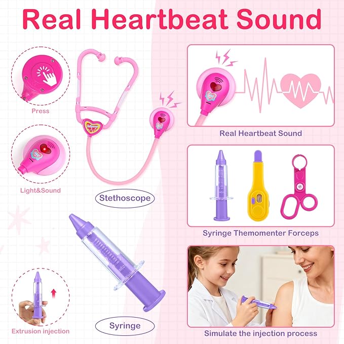 Doctor Costume for Kids - Dr Medical Pretend Play Toys Set for Girls - Doctors Kit for Toddlers 3-5 - Nurse Sets for Girl 22Pcs - Doctors Playset for Toddler Ages 3 4 5 6 Year Old