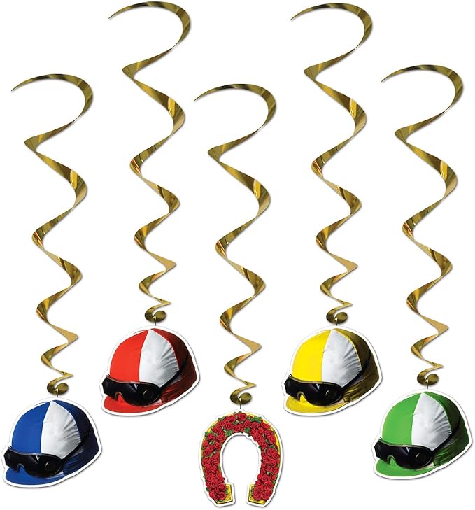 Beistle 5-Piece Derby Day Whirls, Horse Racing Game Supplies, Horse Racing Party Supplies, Horse Themed Party Decorations, Jockey Party Accessories, 3'1"