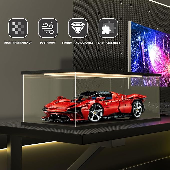 Nynelly Acrylic Display Case for Collectibles with LED Light, Clear Display Box for Lego 42143 42096 42083, 1/8 Scale Model Car Display Case, Assemble Dustproof Countertop Showcase, 23.6x11.8x7.8in