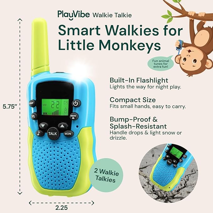 Playvibe Walkie Talkies for Kids 2 Pack - Long Range 2 Way Radio Toy for 3-12 Year Old Boys & Girls, 22 Channels with Flashlight, Outdoor Camping & Hiking Gear, Gender Neutral Christmas Birthday Gifts