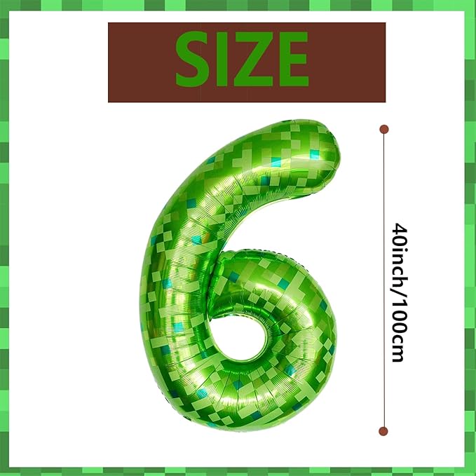 40 Inch Green Pixel Miner Number 6 Foil Balloons Large Mylar Mining Theme 6th Number Balloon Video Game Birthday Decorations Pixel Game Party Supplies