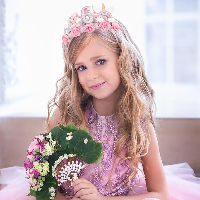 SuPoo 6th Birthday Headband Flower Crown for Girls Princess Tiara Decorations Hair Band Cute 6 Year Old Party Accessory