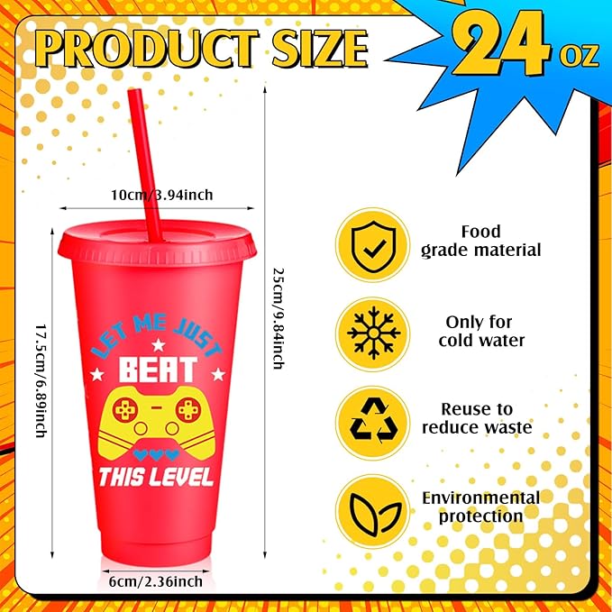 16 Pcs Video Game Plastic Cups Gaming Party Favor with Lids and Straws 24 oz Gamer Reusable Tumbler Water Mug for Fun Video Birthday Party Supplies for Adults (Colorful)