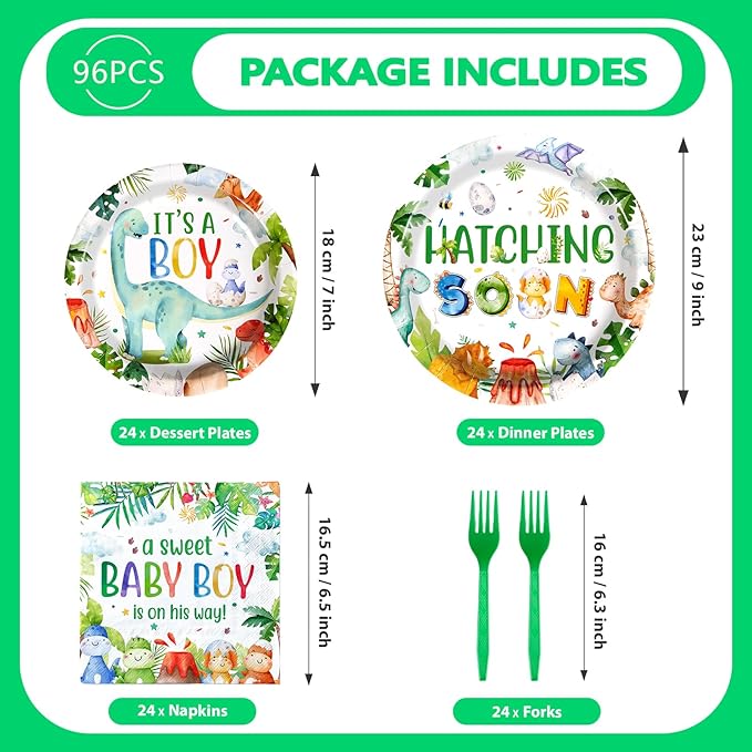 Grencian 96Pcs Dinosaur Baby Shower Decorations Watercolor Dinosaur Plates and Napkins Disposable Hatching Soon Baby Shower Tableware Set for Dino Baby Shower Boy Birthday Party Supplies, Serves 24