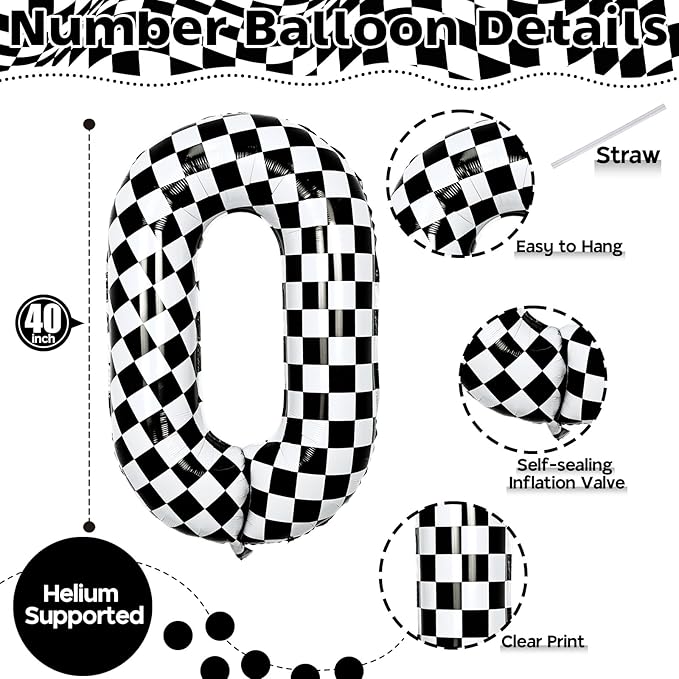 40 Inch Black and White Checkered 0 Balloon, Foil Number 0 Balloons Decor, Giant Self Inflating Helium 0 Racing Balloons for Boys Girls Birthday Race Car Flag Baby Shower Party Decorations Supplies