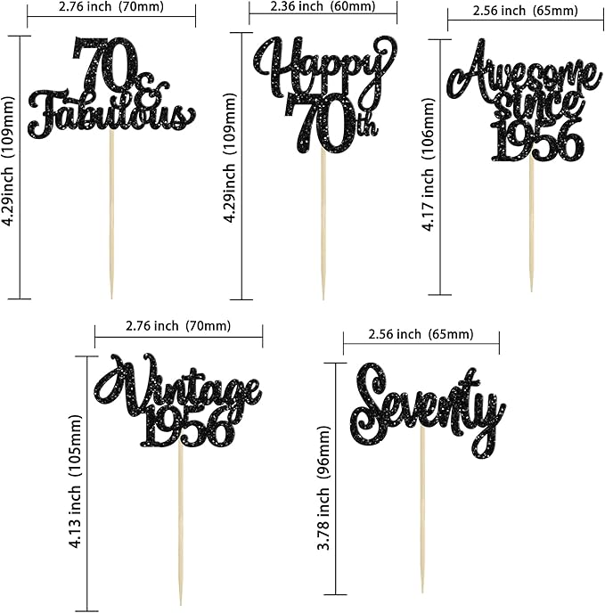 30Pcs Happy 70th Birthday Cupcake Toppers Glitter Seventy Vintage 1956 Cupcake Picks Cheers to 70 Fabulous Cake Decorations for 70th Birthday Wedding Anniversary Party Supplies Black
