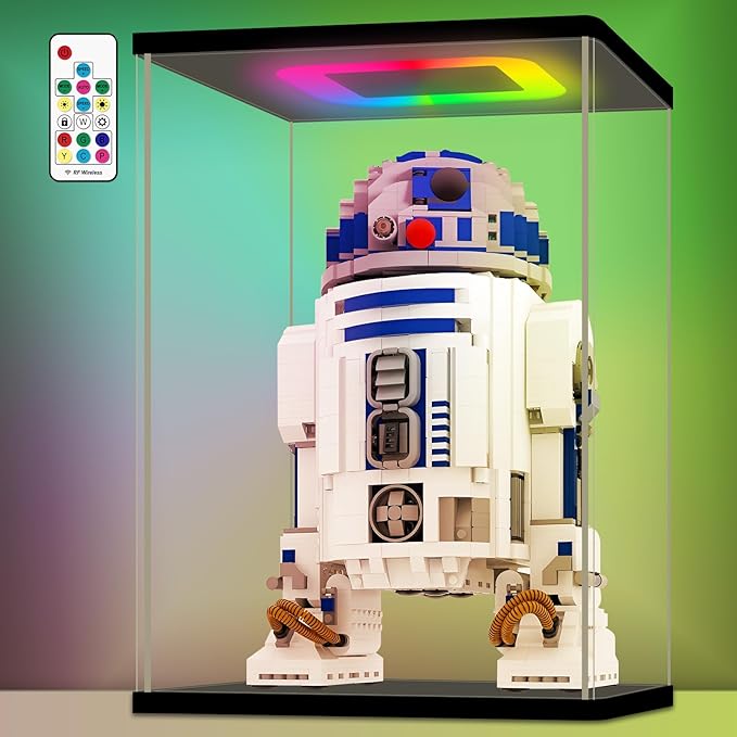 NONEMEY Clear Acrylic Display Case with RGB LED Light for Lego 75308, Dustproof Model Showcase Organizer Box, Display Case for Collectibles Bearbrick (7.9x6.3x11 inch, 20x16x28cm)