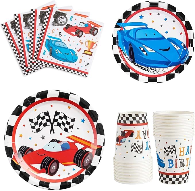 WERNNSAI Race Car Party Decorations - 64 PCS Car Plates Napkins Cups Black and White Checkered Themed Dinnerware for Kids Boys Two Fast irthday Supplies Favors Serves 16 Guests