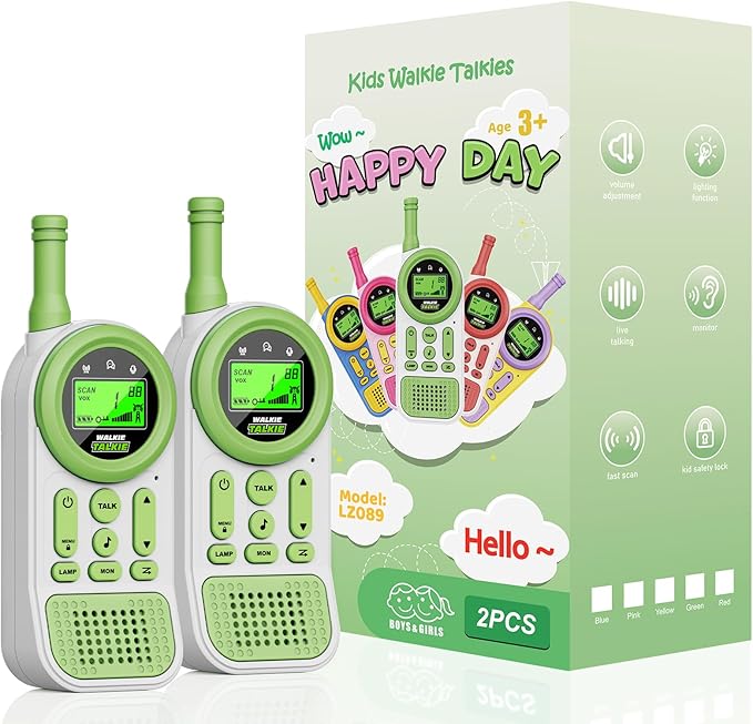 Walkie Talkies for Kids 2 Pack: 22 Channels 2 Way Radio Toys for 3-12 Year Old - VOX LED 3 Miles Long Range - Camping Hiking Birthday Boys Girls Green
