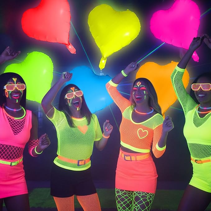 12 Pcs 22 Inches Heart Glow in The Dark Neon Balloons Glow Party Supplies Neon Foil Balloons 90 80s Hip Hop for Birthday Wedding Anniversary Backdrop Decor