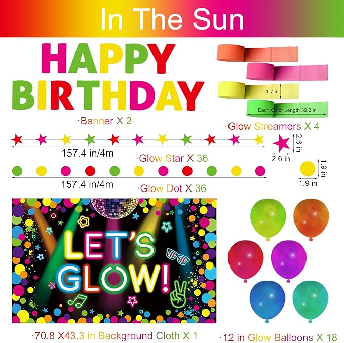 Glow in the Dark Party Supplies - Let’s Glow Backdrop, UV Banner, Balloons, Paper Streamers, Neon Garland for Blacklight Neon Birthday Party Decorations