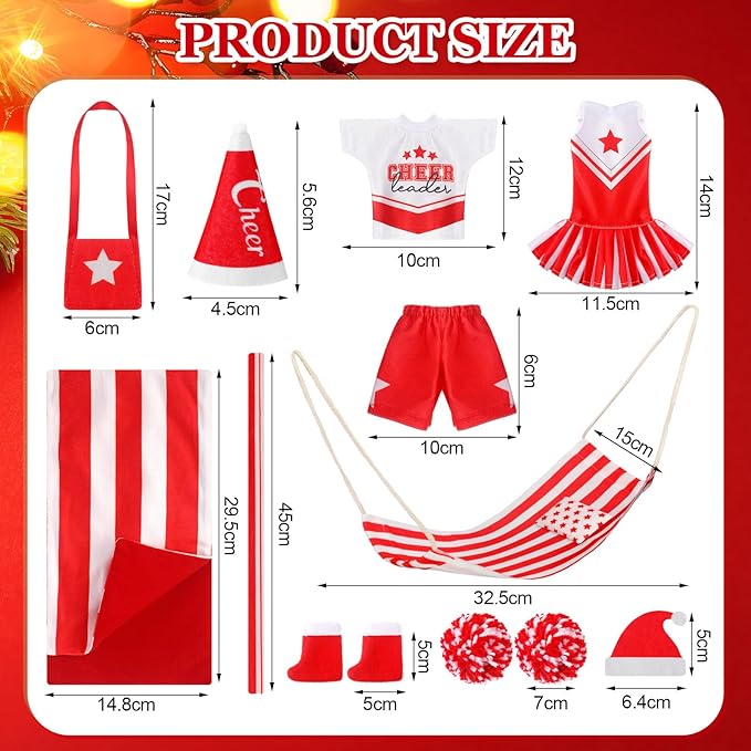 Kacctyen 11 Pcs Christmas Accessories Include Cheerleader Doll Sleeping Bag Hammock Apron Chef Hat Dress Scarf Top Shorts Horn Pompoms Bag Snowmen Clothes (Cheerleader Style)