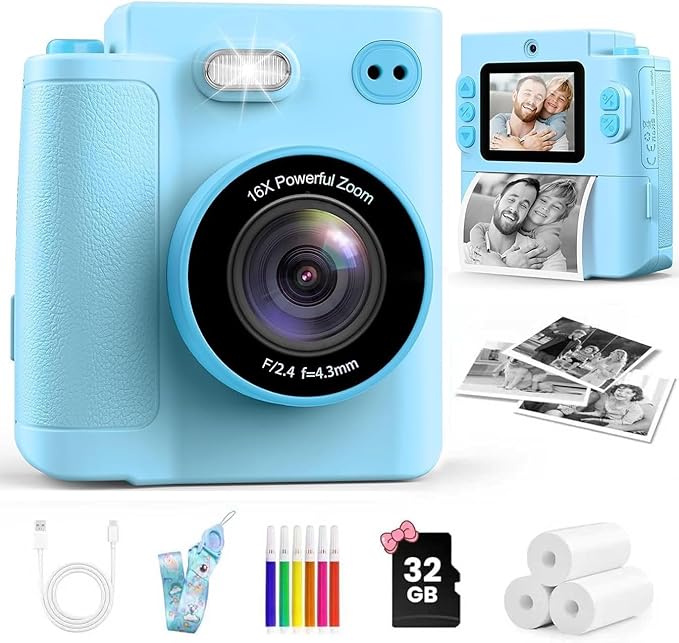 Mason & Friends Kids Instant Print Camera – 1080P HD Digital Camera for Boys & Girls Ages 3–10 | Photo, Video, Music & Games | Includes 32GB SD Card – Perfect Birthday (Blue)