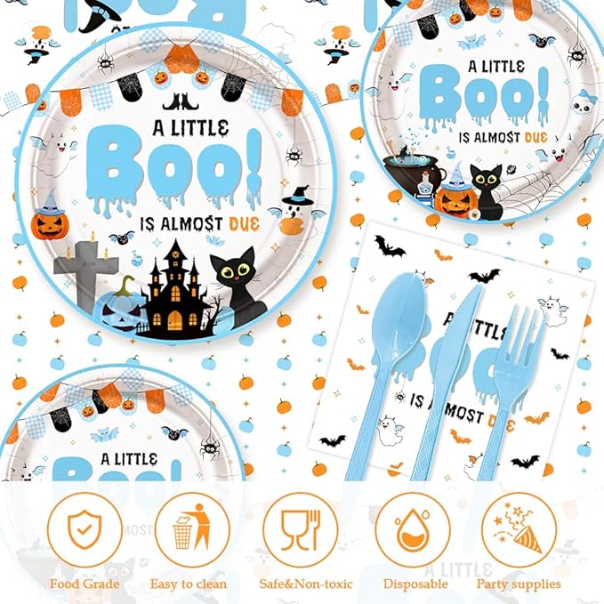 194Pcs Halloween Baby Shower Decorations for Boy A Little Boo is Almost Due Baby Shower Party Plates, Cup, Napkin, Tablecloth, Tableware, Halloween Themed Party Supplies Plates Serve 24 Guests
