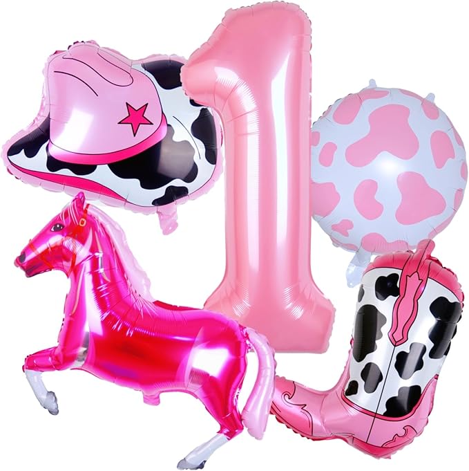 Cowgirl Balloons First Rodeo Birthday Party Decorations for Girls, Pink Horse Hat Boot Cow Balloons Disco Girl 1st Rodeo Birthday Party Decor Supplies Favors (32 Inch Pink 1)